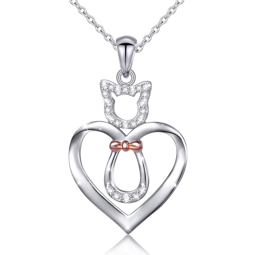 NEW 925 Sterling Silver CZ Heart Cat Love Necklace
